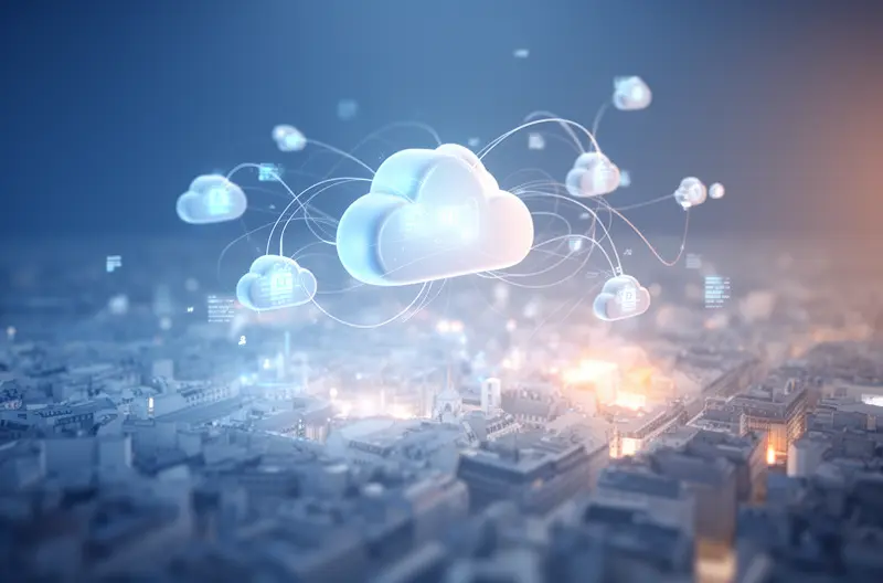 Map of Europe with cloud connections between multi-site offices Map of Europe with cloud connections between multi-site offices
