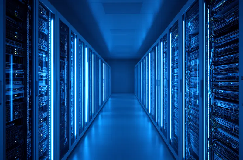 Enterprise cloud data centre with illuminated racks and high-speed connectivity Enterprise cloud data centre with illuminated racks and high-speed connectivity