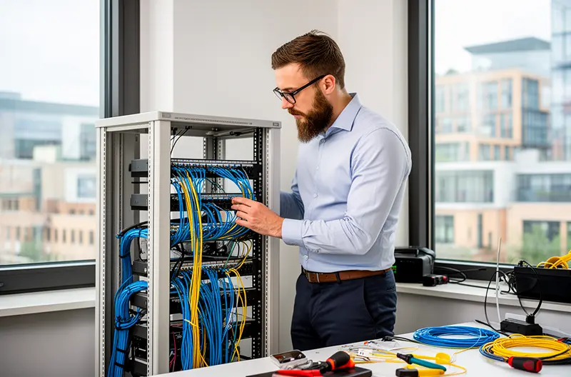 Technician installing structured cabling into an open rack in a modern office with city view Technician installing structured cabling into an open rack in a modern office with city view
