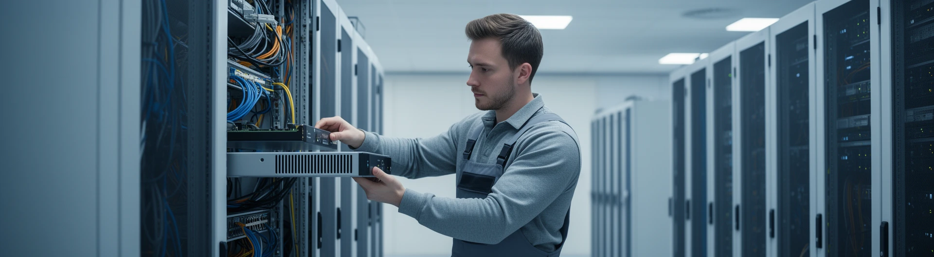Impulso technician installing a firewall appliance into a rack in a technical room Impulso technician installing a firewall appliance into a rack in a technical room