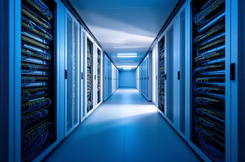 Central aisle of an enterprise data centre with fibre cabinets lit in blue Central aisle of an enterprise data centre with fibre cabinets lit in blue