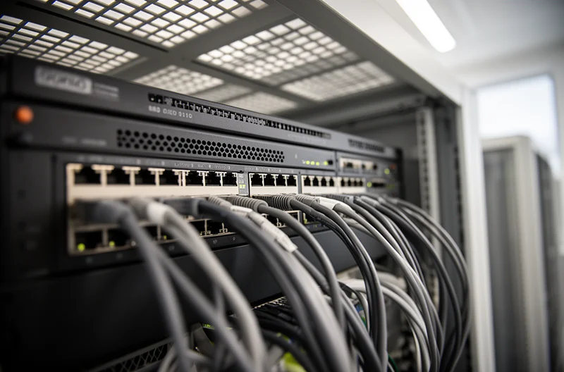 Close-up of a managed switch with every port patched and patch cords organised Close-up of a managed switch with every port patched and patch cords organised